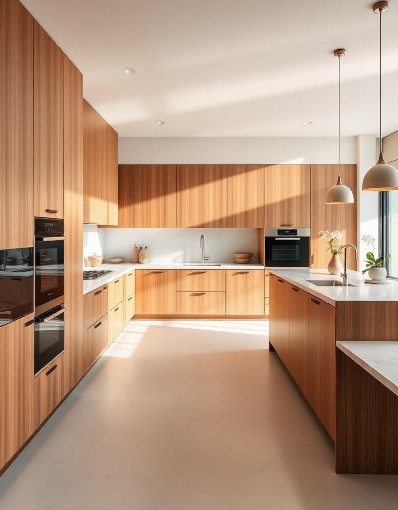 Cuisine moderne sur mesure avec îlot central et menuiseries en bois naturel à Anglet